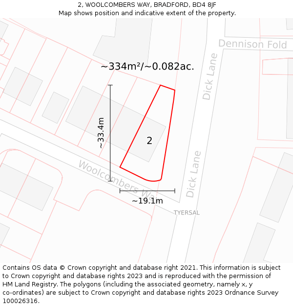 2, WOOLCOMBERS WAY, BRADFORD, BD4 8JF: Plot and title map