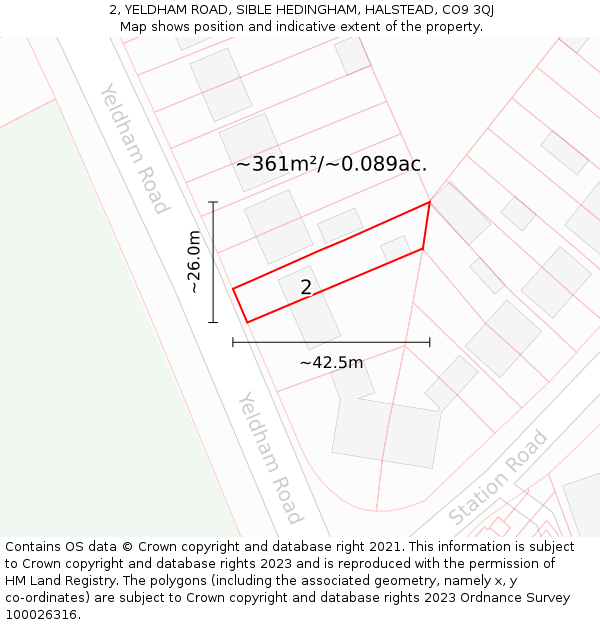 2, YELDHAM ROAD, SIBLE HEDINGHAM, HALSTEAD, CO9 3QJ: Plot and title map