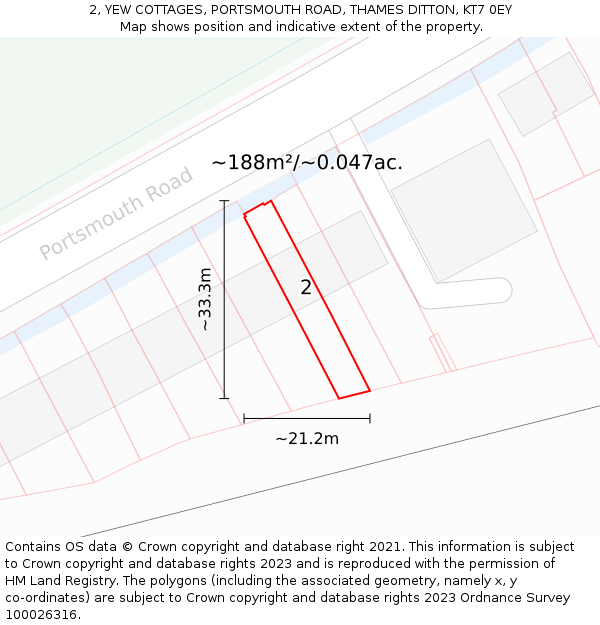 2, YEW COTTAGES, PORTSMOUTH ROAD, THAMES DITTON, KT7 0EY: Plot and title map