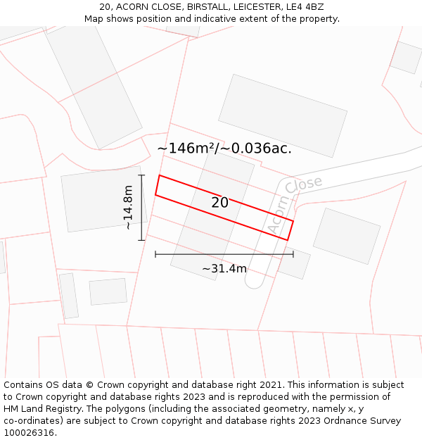 20, ACORN CLOSE, BIRSTALL, LEICESTER, LE4 4BZ: Plot and title map