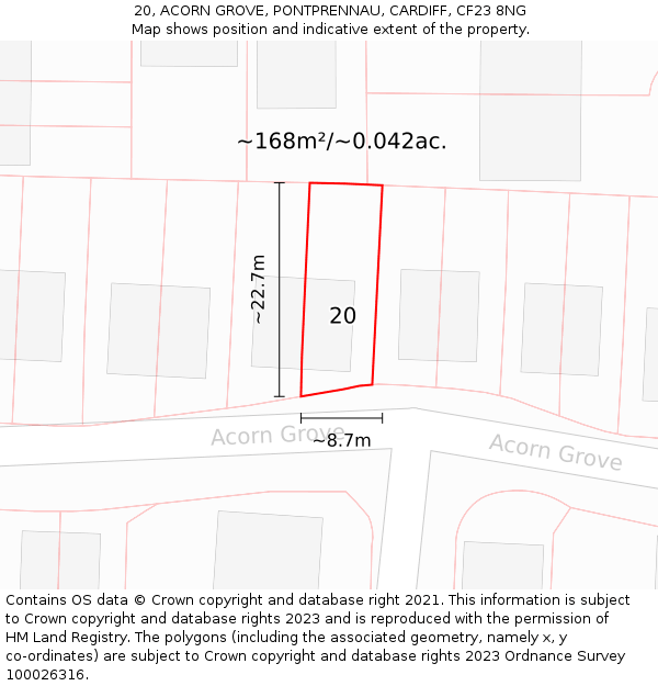 20, ACORN GROVE, PONTPRENNAU, CARDIFF, CF23 8NG: Plot and title map