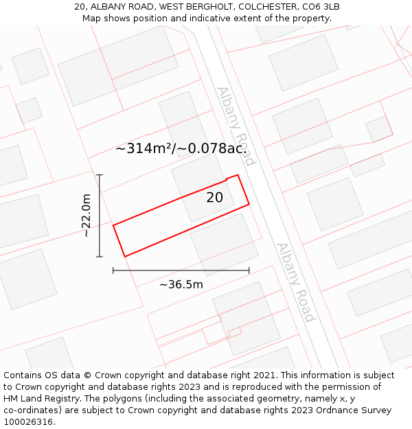 20, ALBANY ROAD, WEST BERGHOLT, COLCHESTER, CO6 3LB: Plot and title map