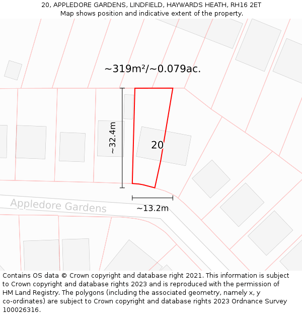 20, APPLEDORE GARDENS, LINDFIELD, HAYWARDS HEATH, RH16 2ET: Plot and title map