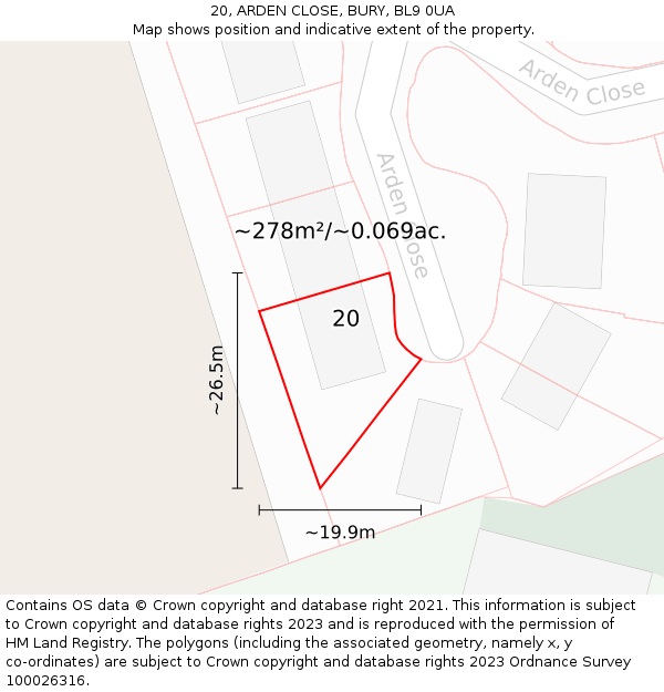 20, ARDEN CLOSE, BURY, BL9 0UA: Plot and title map