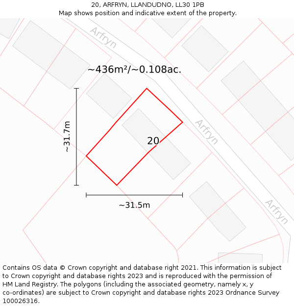 20, ARFRYN, LLANDUDNO, LL30 1PB: Plot and title map