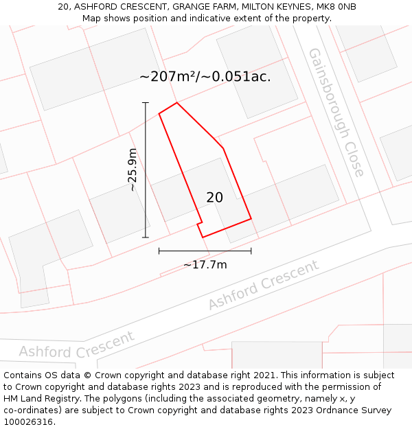 20, ASHFORD CRESCENT, GRANGE FARM, MILTON KEYNES, MK8 0NB: Plot and title map