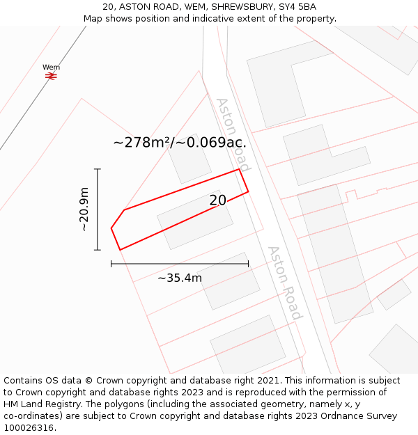 20, ASTON ROAD, WEM, SHREWSBURY, SY4 5BA: Plot and title map