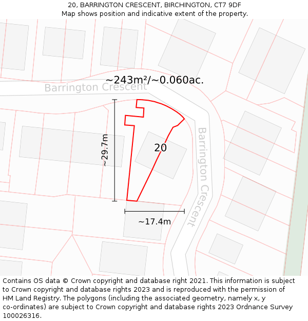 20, BARRINGTON CRESCENT, BIRCHINGTON, CT7 9DF: Plot and title map