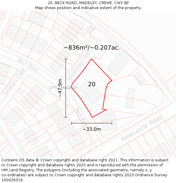 20, BECK ROAD, MADELEY, CREWE, CW3 9JF: Plot and title map