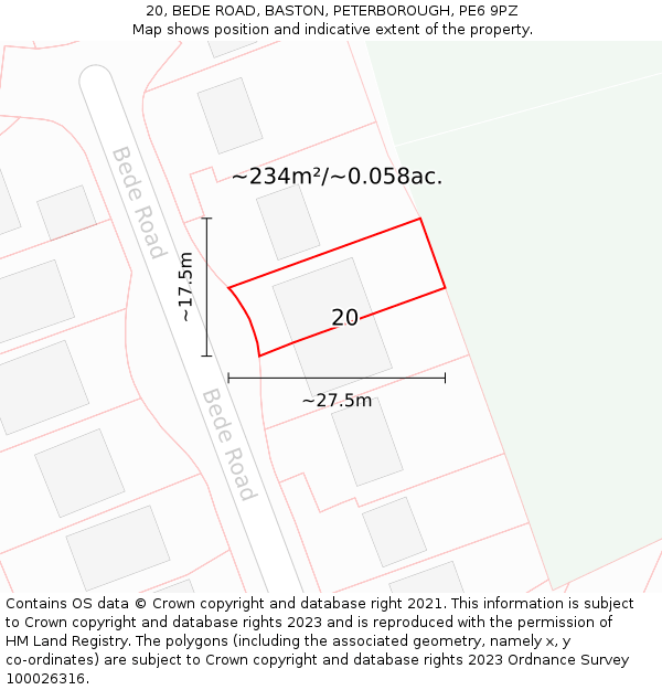 20, BEDE ROAD, BASTON, PETERBOROUGH, PE6 9PZ: Plot and title map