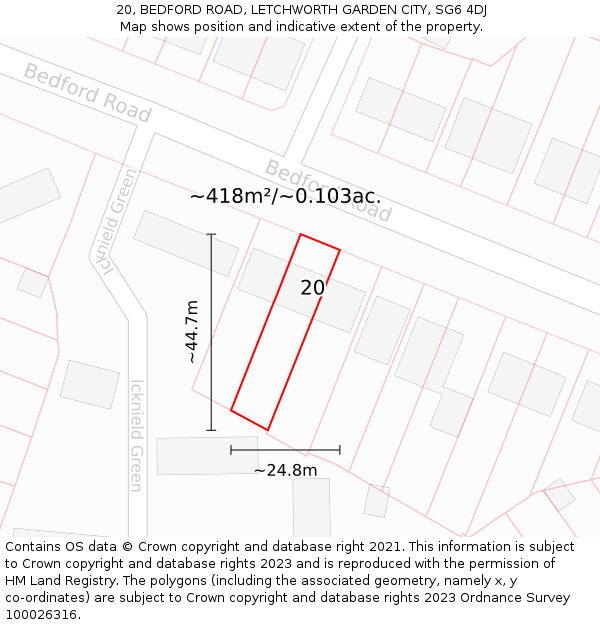 20, BEDFORD ROAD, LETCHWORTH GARDEN CITY, SG6 4DJ: Plot and title map