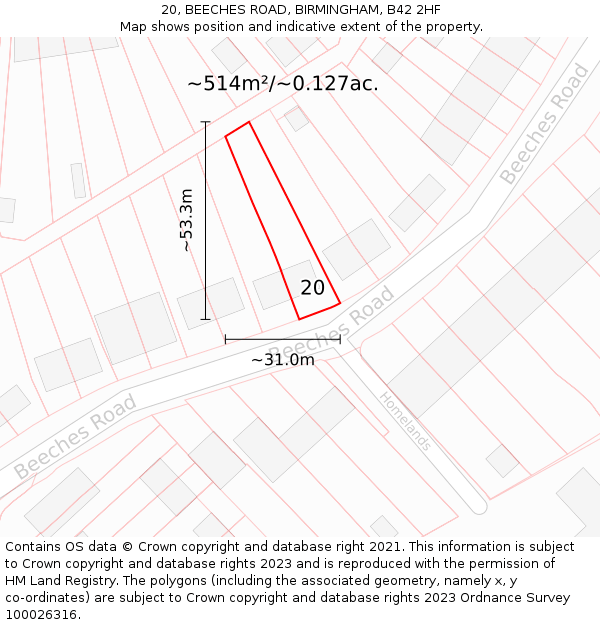 20, BEECHES ROAD, BIRMINGHAM, B42 2HF: Plot and title map