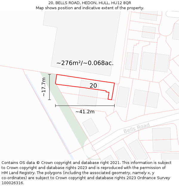 20, BELLS ROAD, HEDON, HULL, HU12 8QR: Plot and title map