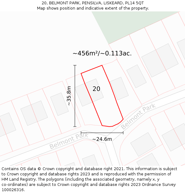 20, BELMONT PARK, PENSILVA, LISKEARD, PL14 5QT: Plot and title map