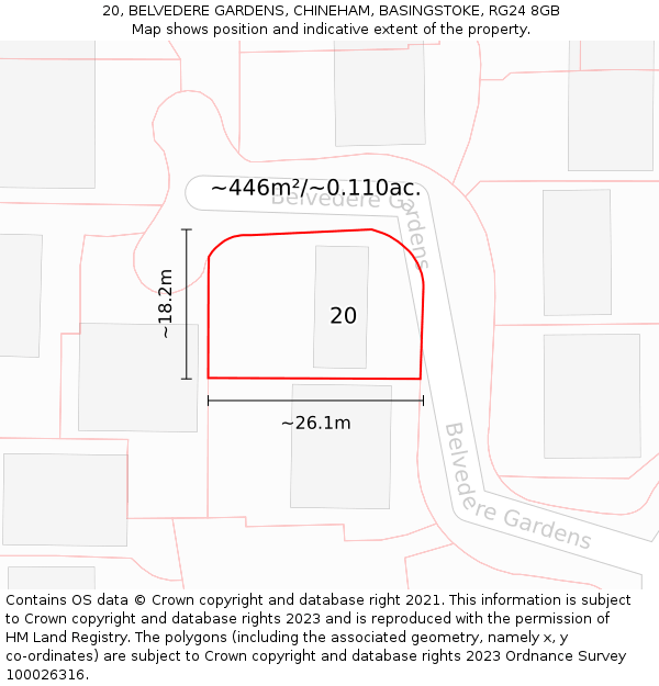 20, BELVEDERE GARDENS, CHINEHAM, BASINGSTOKE, RG24 8GB: Plot and title map