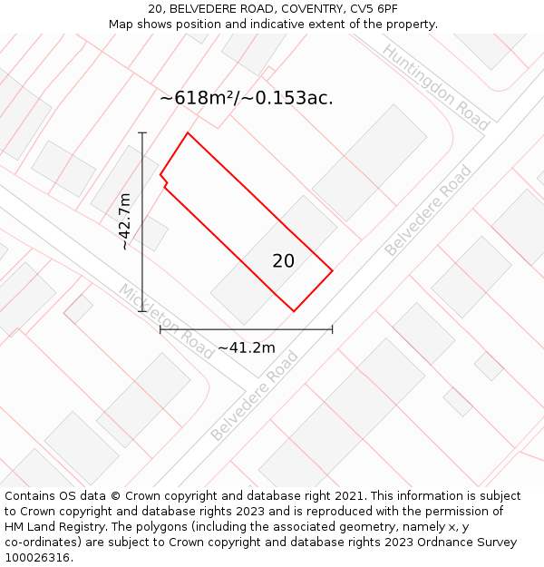 20, BELVEDERE ROAD, COVENTRY, CV5 6PF: Plot and title map