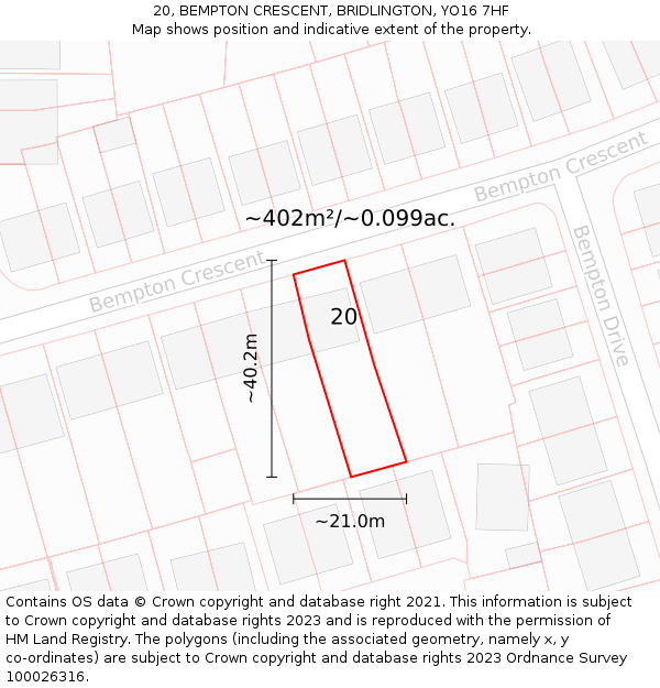 20, BEMPTON CRESCENT, BRIDLINGTON, YO16 7HF: Plot and title map