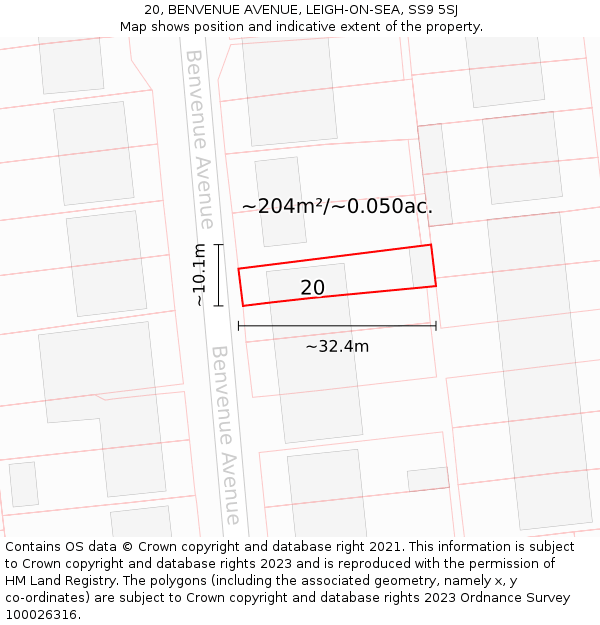 20, BENVENUE AVENUE, LEIGH-ON-SEA, SS9 5SJ: Plot and title map