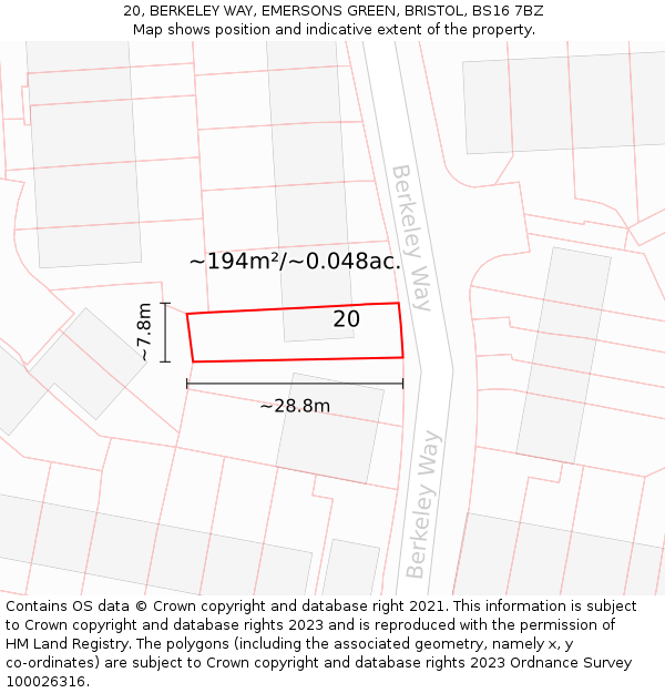 20, BERKELEY WAY, EMERSONS GREEN, BRISTOL, BS16 7BZ: Plot and title map