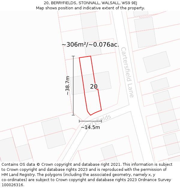 20, BERRYFIELDS, STONNALL, WALSALL, WS9 9EJ: Plot and title map