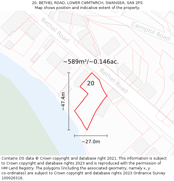 20, BETHEL ROAD, LOWER CWMTWRCH, SWANSEA, SA9 2PS: Plot and title map
