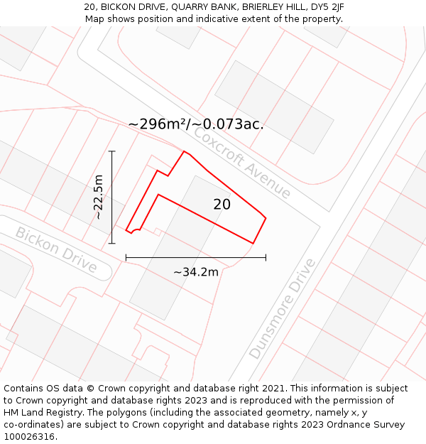 20, BICKON DRIVE, QUARRY BANK, BRIERLEY HILL, DY5 2JF: Plot and title map