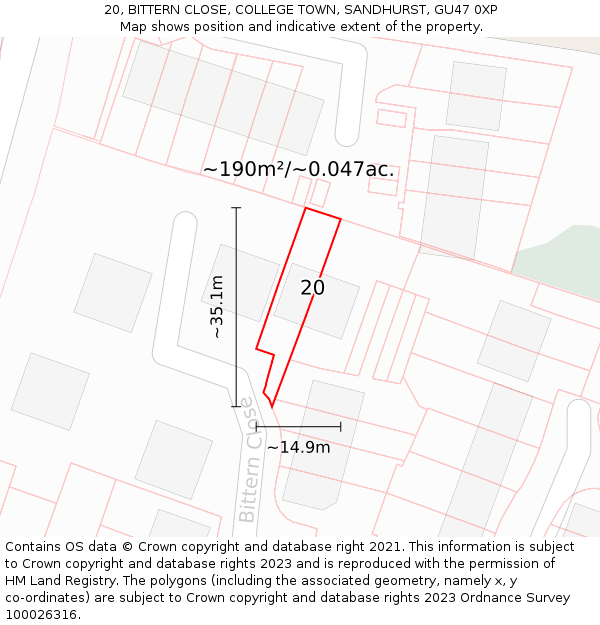 20, BITTERN CLOSE, COLLEGE TOWN, SANDHURST, GU47 0XP: Plot and title map