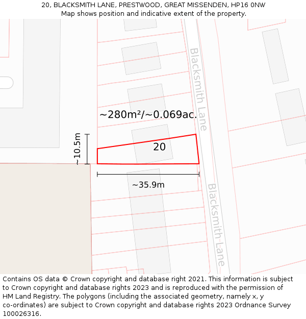 20, BLACKSMITH LANE, PRESTWOOD, GREAT MISSENDEN, HP16 0NW: Plot and title map