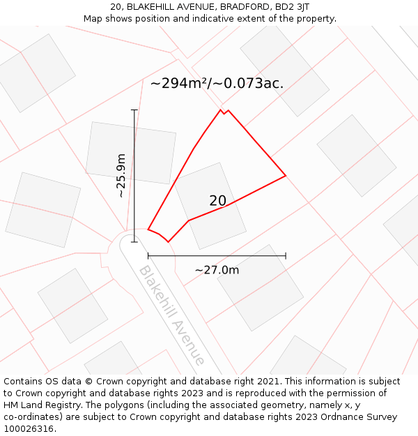 20, BLAKEHILL AVENUE, BRADFORD, BD2 3JT: Plot and title map