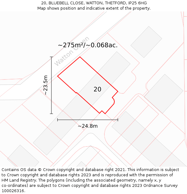 20, BLUEBELL CLOSE, WATTON, THETFORD, IP25 6HG: Plot and title map