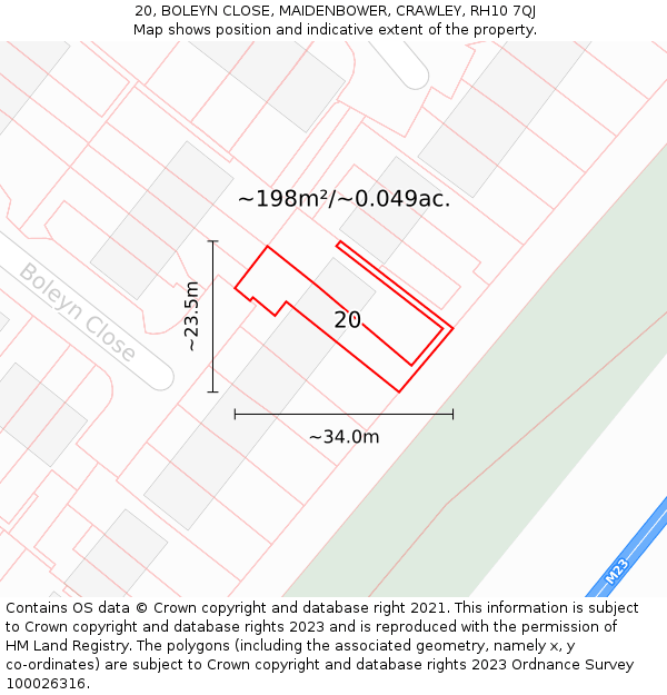 20, BOLEYN CLOSE, MAIDENBOWER, CRAWLEY, RH10 7QJ: Plot and title map