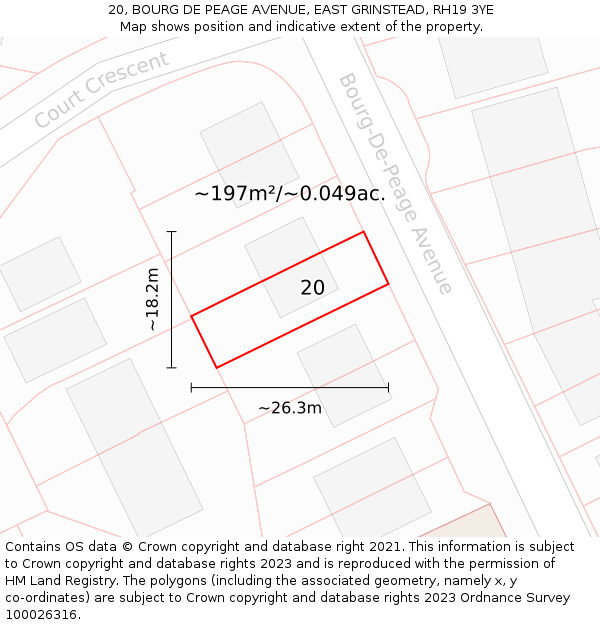 20, BOURG DE PEAGE AVENUE, EAST GRINSTEAD, RH19 3YE: Plot and title map