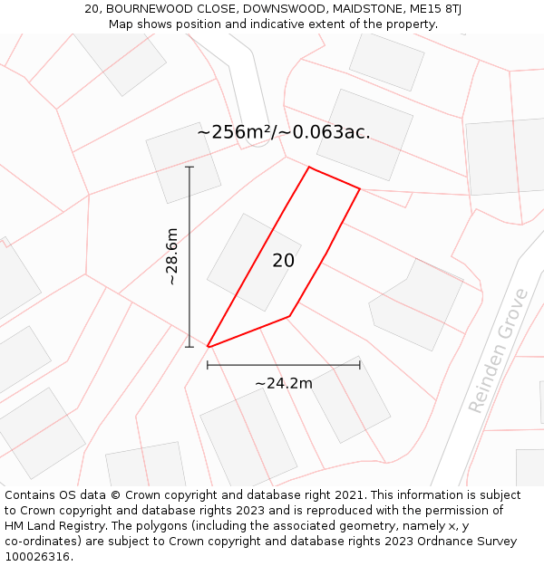 20, BOURNEWOOD CLOSE, DOWNSWOOD, MAIDSTONE, ME15 8TJ: Plot and title map