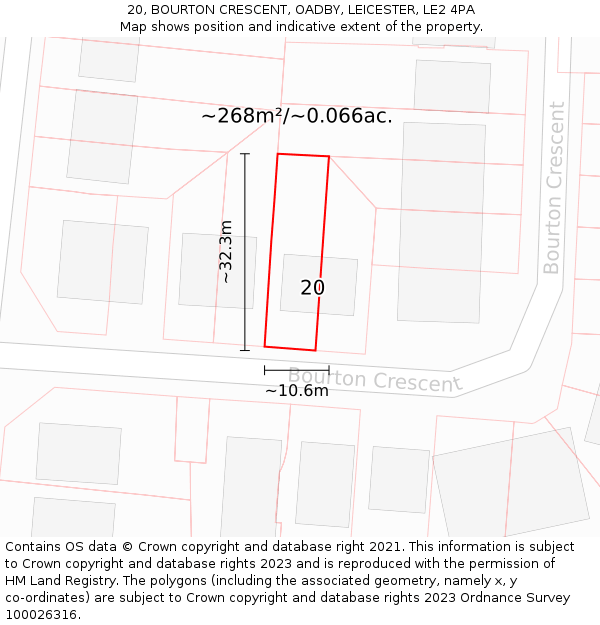 20, BOURTON CRESCENT, OADBY, LEICESTER, LE2 4PA: Plot and title map