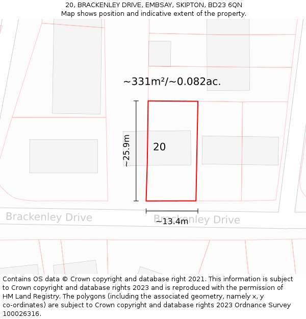 20, BRACKENLEY DRIVE, EMBSAY, SKIPTON, BD23 6QN: Plot and title map