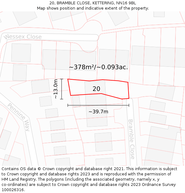 20, BRAMBLE CLOSE, KETTERING, NN16 9BL: Plot and title map