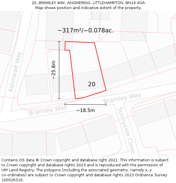 20, BRAMLEY WAY, ANGMERING, LITTLEHAMPTON, BN16 4GA: Plot and title map