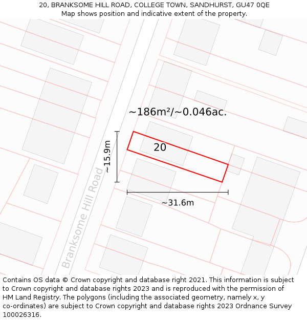 20, BRANKSOME HILL ROAD, COLLEGE TOWN, SANDHURST, GU47 0QE: Plot and title map