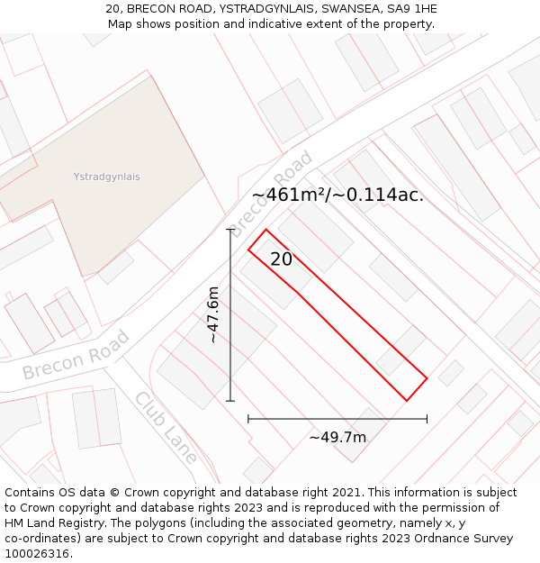 20, BRECON ROAD, YSTRADGYNLAIS, SWANSEA, SA9 1HE: Plot and title map