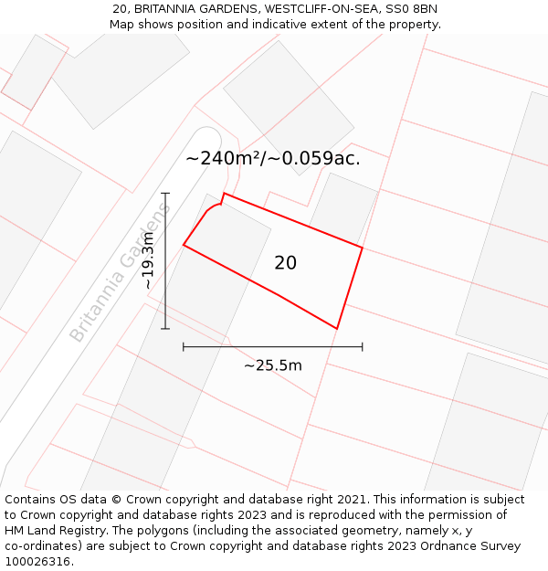 20, BRITANNIA GARDENS, WESTCLIFF-ON-SEA, SS0 8BN: Plot and title map