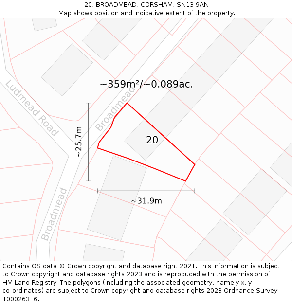 20, BROADMEAD, CORSHAM, SN13 9AN: Plot and title map