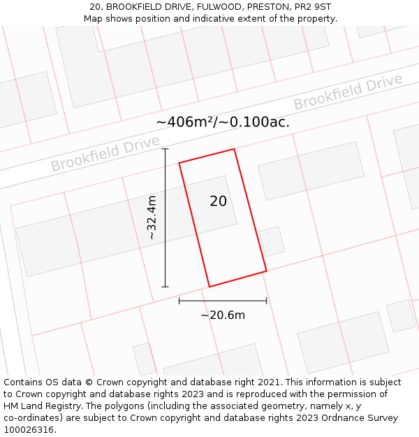 20, BROOKFIELD DRIVE, FULWOOD, PRESTON, PR2 9ST: Plot and title map