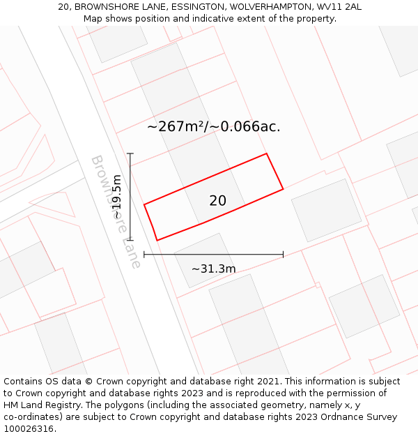 20, BROWNSHORE LANE, ESSINGTON, WOLVERHAMPTON, WV11 2AL: Plot and title map