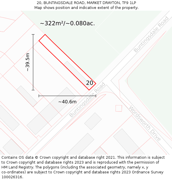 20, BUNTINGSDALE ROAD, MARKET DRAYTON, TF9 1LP: Plot and title map