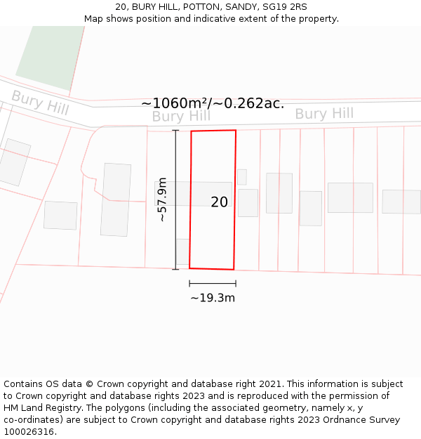 20, BURY HILL, POTTON, SANDY, SG19 2RS: Plot and title map