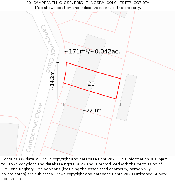 20, CAMPERNELL CLOSE, BRIGHTLINGSEA, COLCHESTER, CO7 0TA: Plot and title map