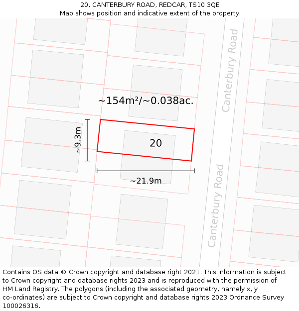 20, CANTERBURY ROAD, REDCAR, TS10 3QE: Plot and title map