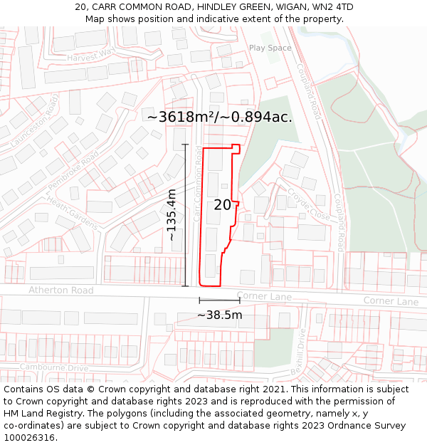 20, CARR COMMON ROAD, HINDLEY GREEN, WIGAN, WN2 4TD: Plot and title map