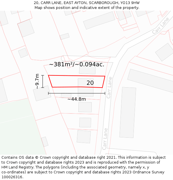 20, CARR LANE, EAST AYTON, SCARBOROUGH, YO13 9HW: Plot and title map