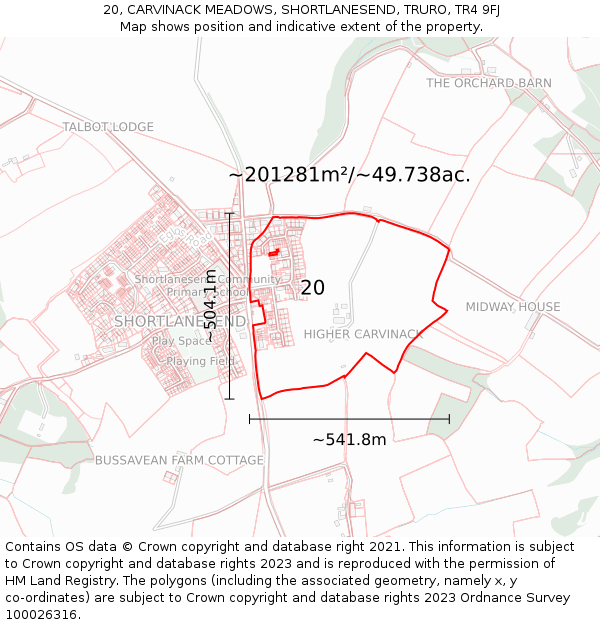 20, CARVINACK MEADOWS, SHORTLANESEND, TRURO, TR4 9FJ: Plot and title map